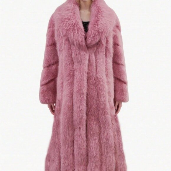 Pink Womens Luxurious Waterfall Neckline Flowy Faux Fur Long Jacket Coat - Picture 13 of 13